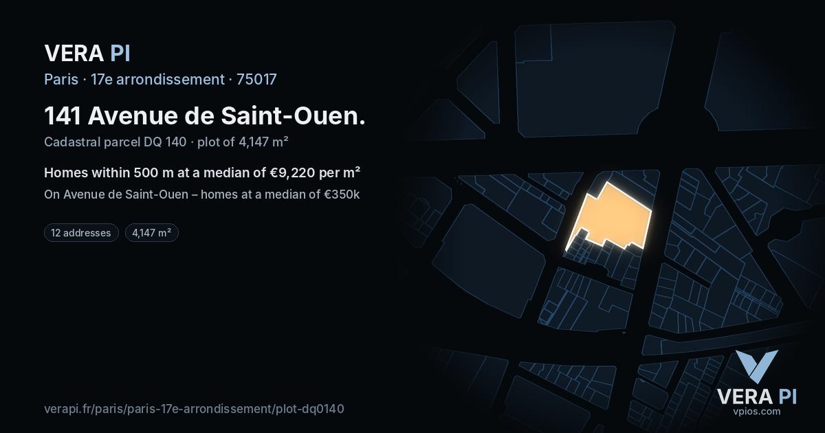 141 Avenue de Saint-Ouen, 17e arrondissement at night – the plot lit, the parcels around coloured by the prices near them