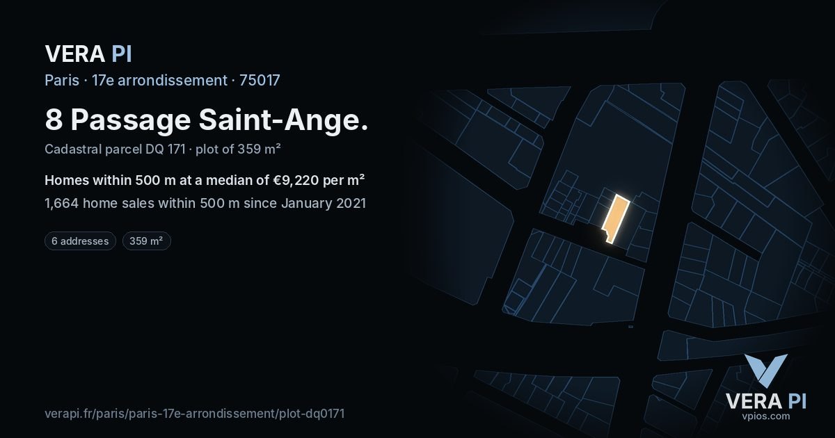 8 Passage Saint-Ange, 17e arrondissement at night – the plot lit, the parcels around coloured by the prices near them