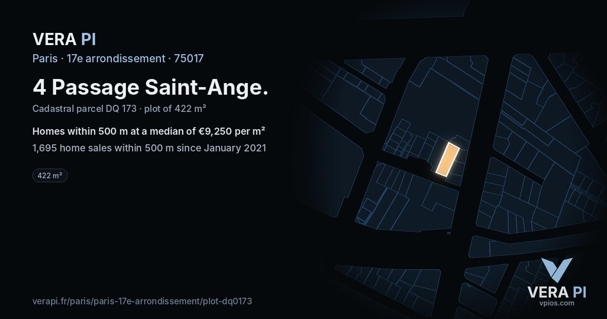 4 Passage Saint-Ange, 17e arrondissement at night – the plot lit, the parcels around coloured by the prices near them