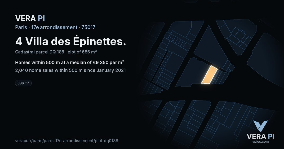4 Villa des Épinettes, 17e arrondissement at night – the plot lit, the parcels around coloured by the prices near them