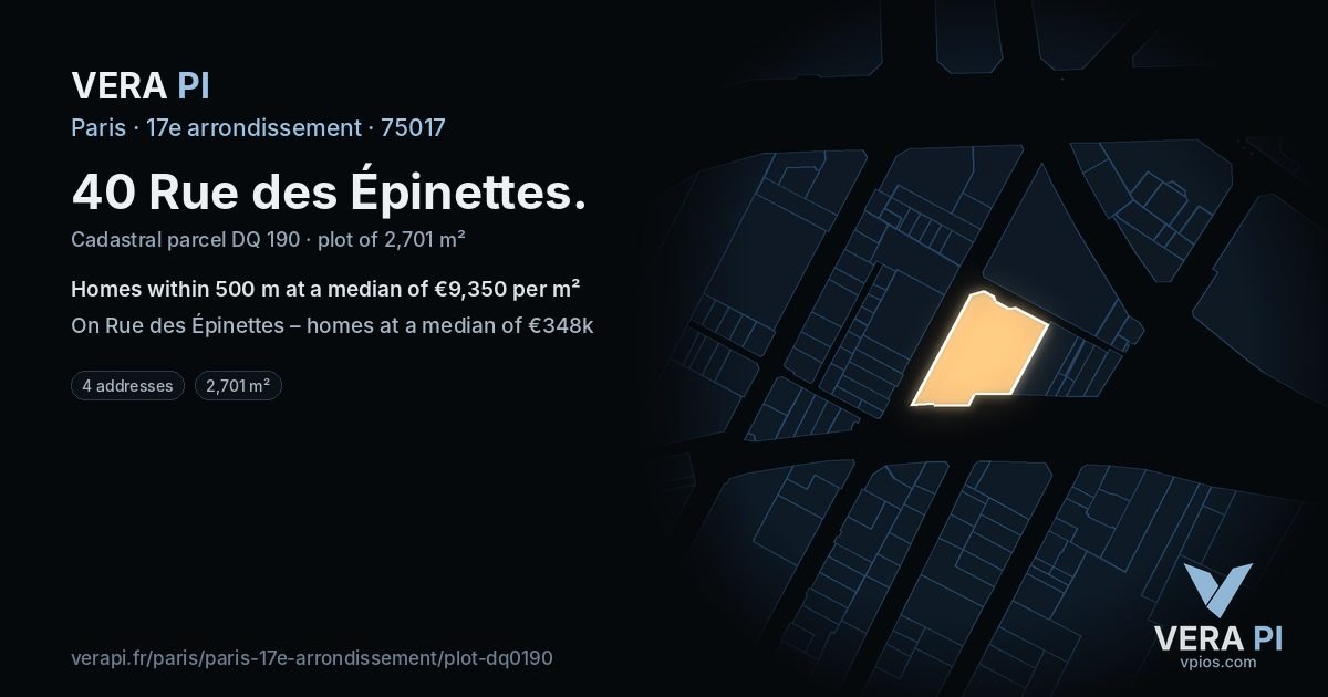 40 Rue des Épinettes, 17e arrondissement at night – the plot lit, the parcels around coloured by the prices near them