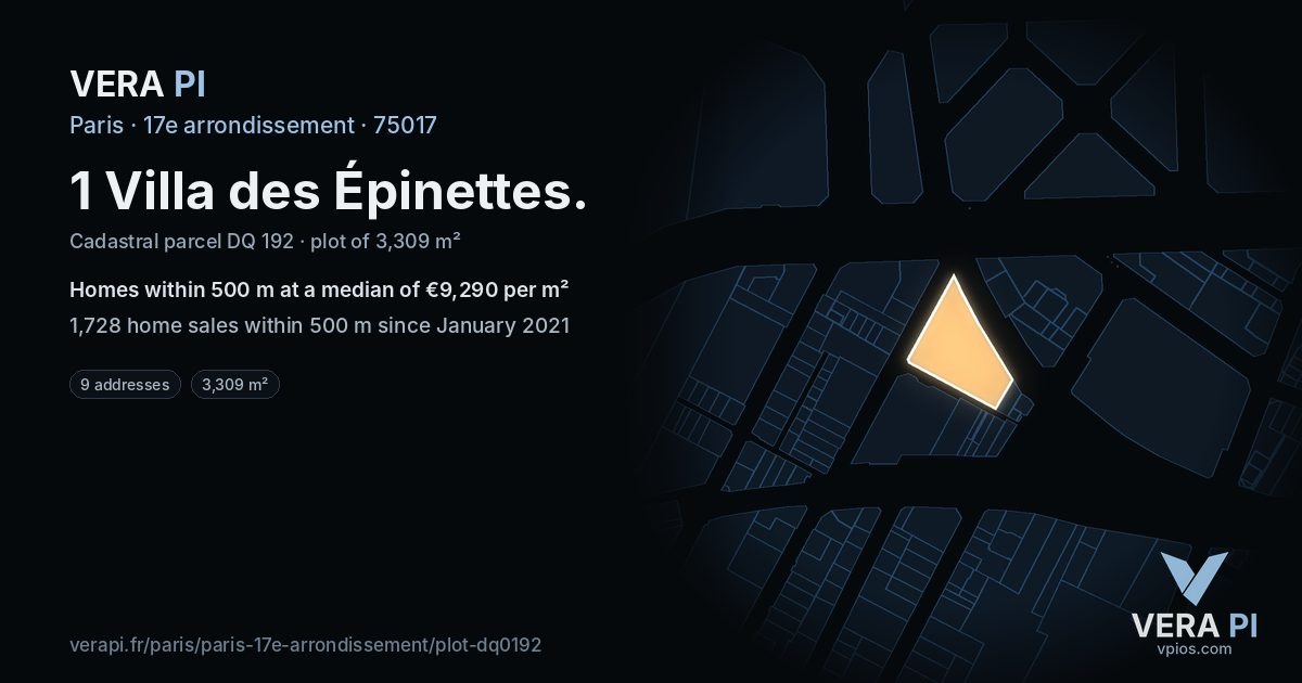 1 Villa des Épinettes, 17e arrondissement at night – the plot lit, the parcels around coloured by the prices near them