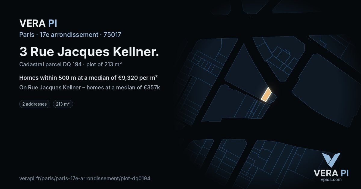 3 Rue Jacques Kellner, 17e arrondissement at night – the plot lit, the parcels around coloured by the prices near them