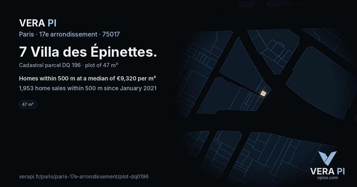 7 Villa des Épinettes, 17e arrondissement at night – the plot lit, the parcels around coloured by the prices near them