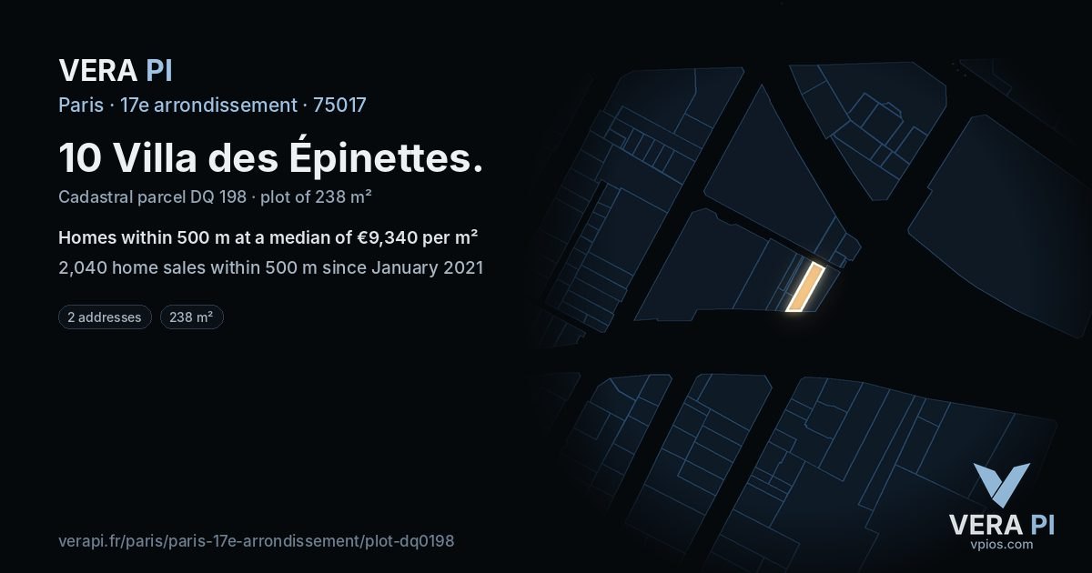 10 Villa des Épinettes, 17e arrondissement at night – the plot lit, the parcels around coloured by the prices near them
