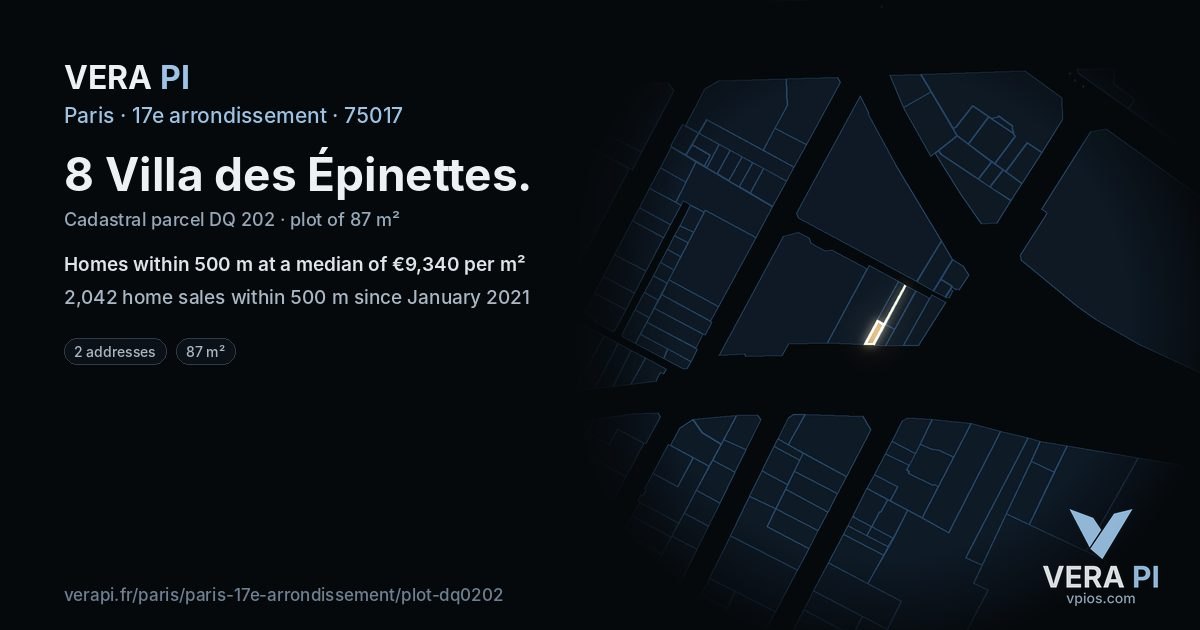 8 Villa des Épinettes, 17e arrondissement at night – the plot lit, the parcels around coloured by the prices near them