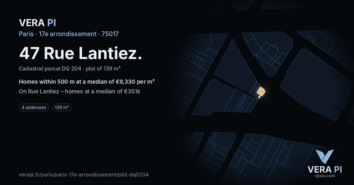 47 Rue Lantiez, 17e arrondissement at night – the plot lit, the parcels around coloured by the prices near them