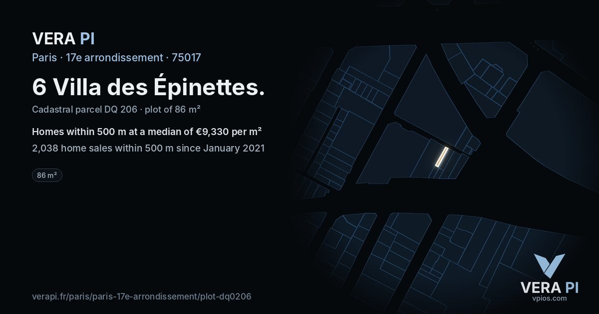6 Villa des Épinettes, 17e arrondissement at night – the plot lit, the parcels around coloured by the prices near them