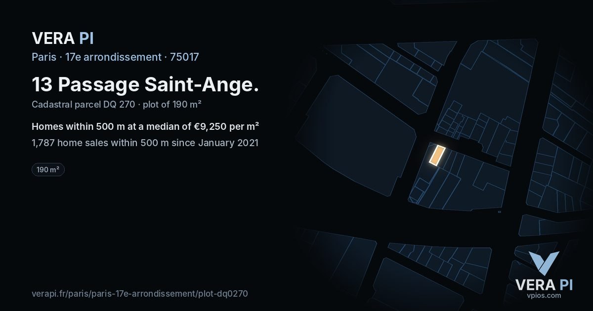 13 Passage Saint-Ange, 17e arrondissement at night – the plot lit, the parcels around coloured by the prices near them