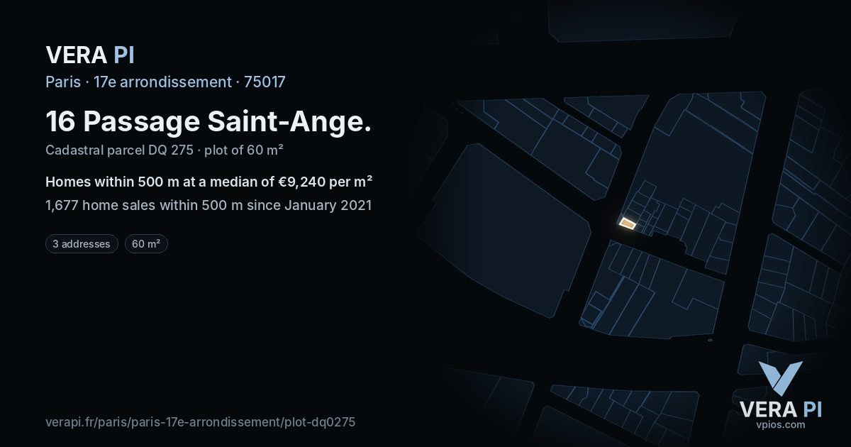 16 Passage Saint-Ange, 17e arrondissement at night – the plot lit, the parcels around coloured by the prices near them