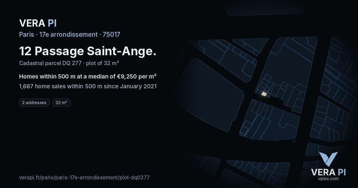 12 Passage Saint-Ange, 17e arrondissement at night – the plot lit, the parcels around coloured by the prices near them