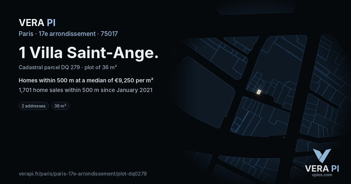 1 Villa Saint-Ange, 17e arrondissement at night – the plot lit, the parcels around coloured by the prices near them