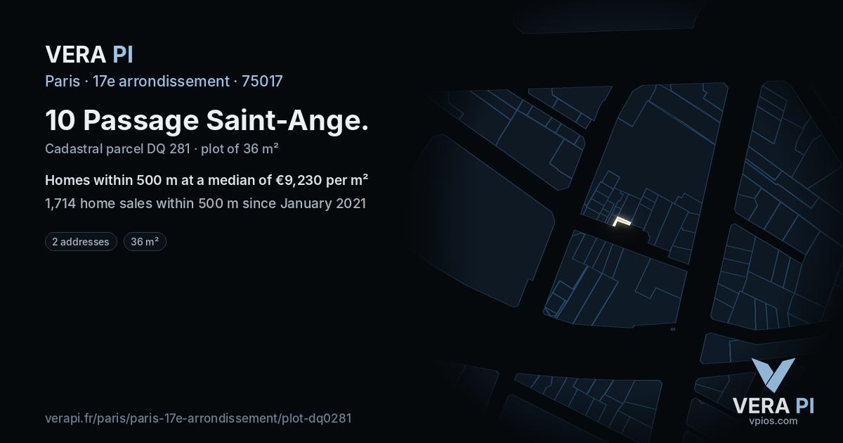 10 Passage Saint-Ange, 17e arrondissement at night – the plot lit, the parcels around coloured by the prices near them