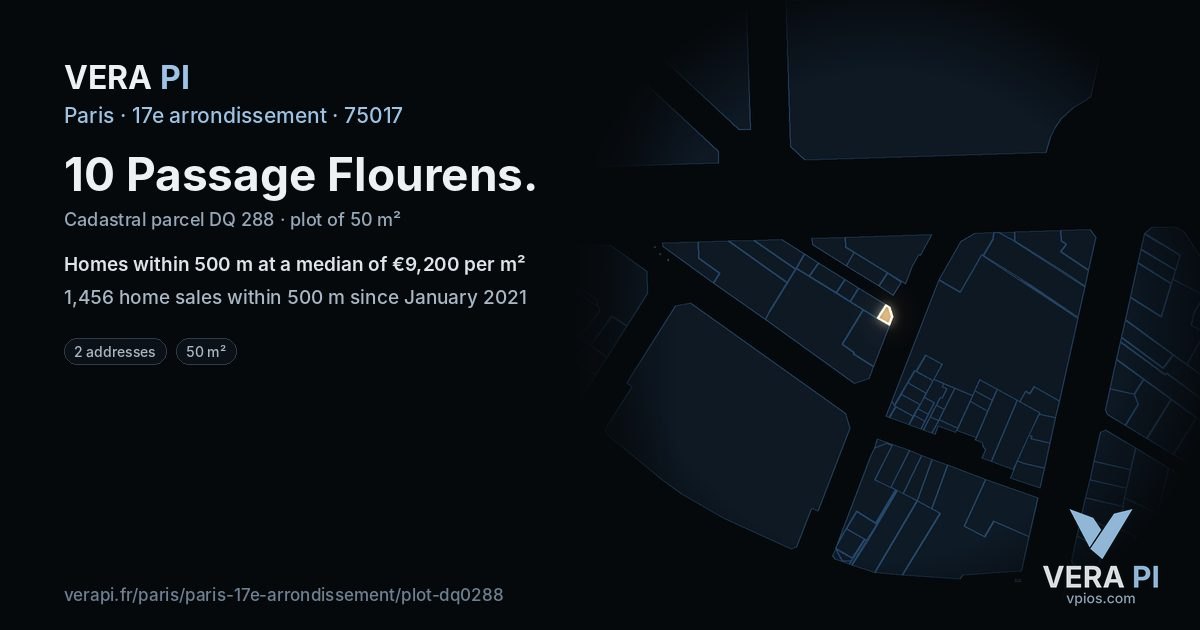 10 Passage Flourens, 17e arrondissement at night – the plot lit, the parcels around coloured by the prices near them