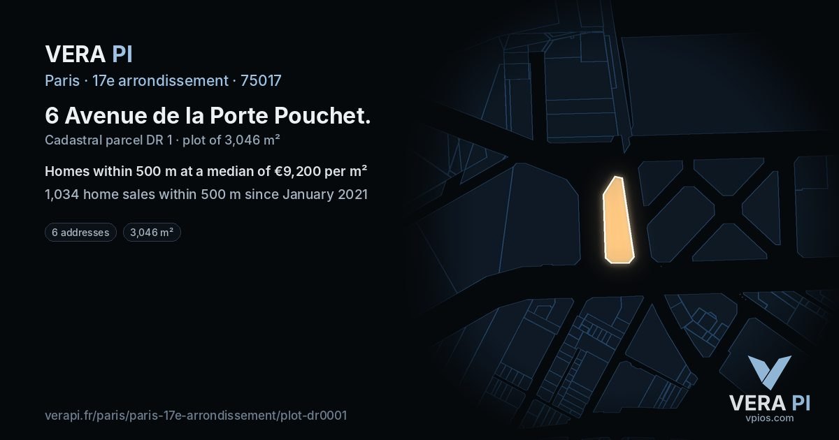 6 Avenue de la Porte Pouchet, 17e arrondissement at night – the plot lit, the parcels around coloured by the prices near them