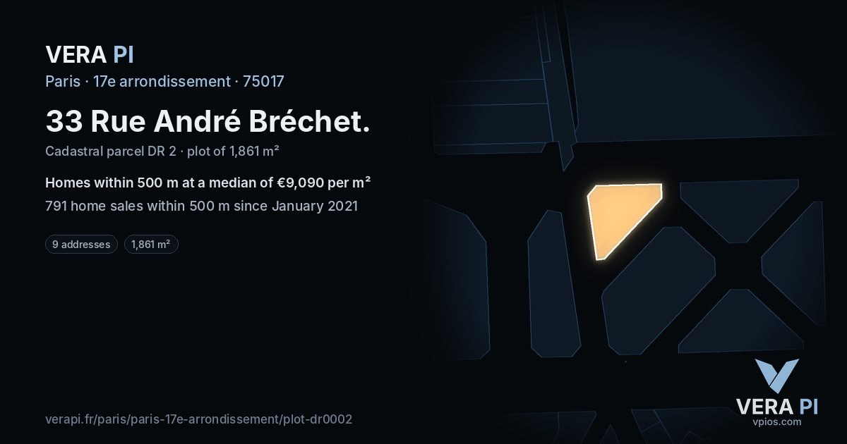 33 Rue André Bréchet, 17e arrondissement at night – the plot lit, the parcels around coloured by the prices near them
