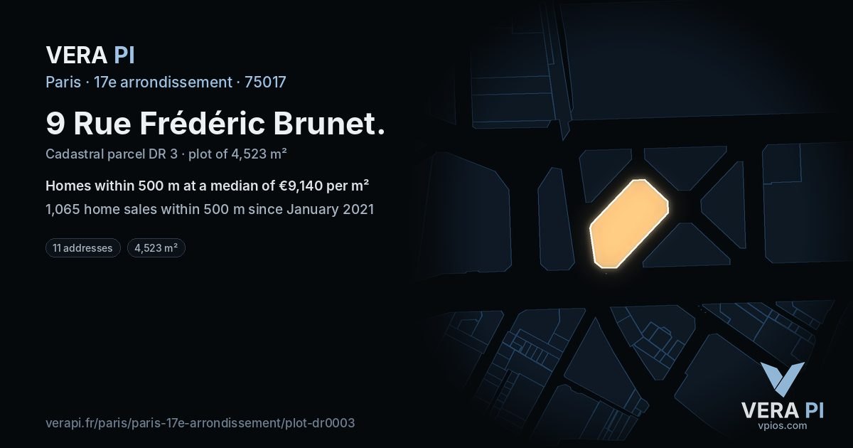 9 Rue Frédéric Brunet, 17e arrondissement at night – the plot lit, the parcels around coloured by the prices near them