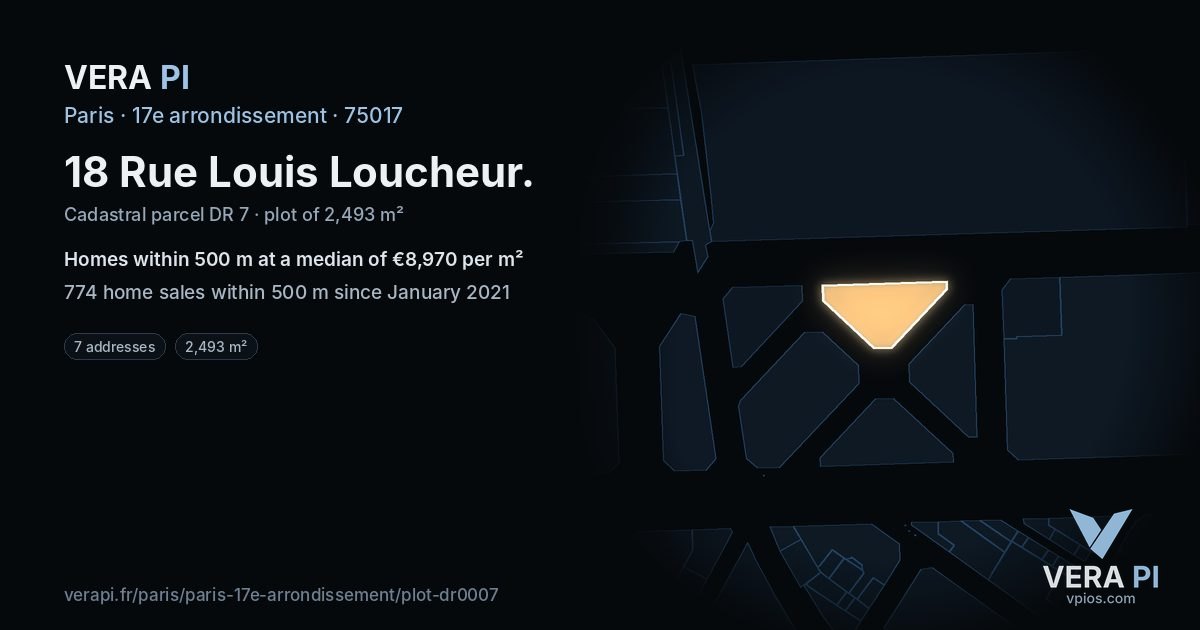18 Rue Louis Loucheur, 17e arrondissement at night – the plot lit, the parcels around coloured by the prices near them