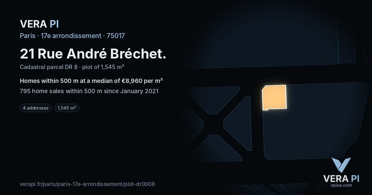 21 Rue André Bréchet, 17e arrondissement at night – the plot lit, the parcels around coloured by the prices near them