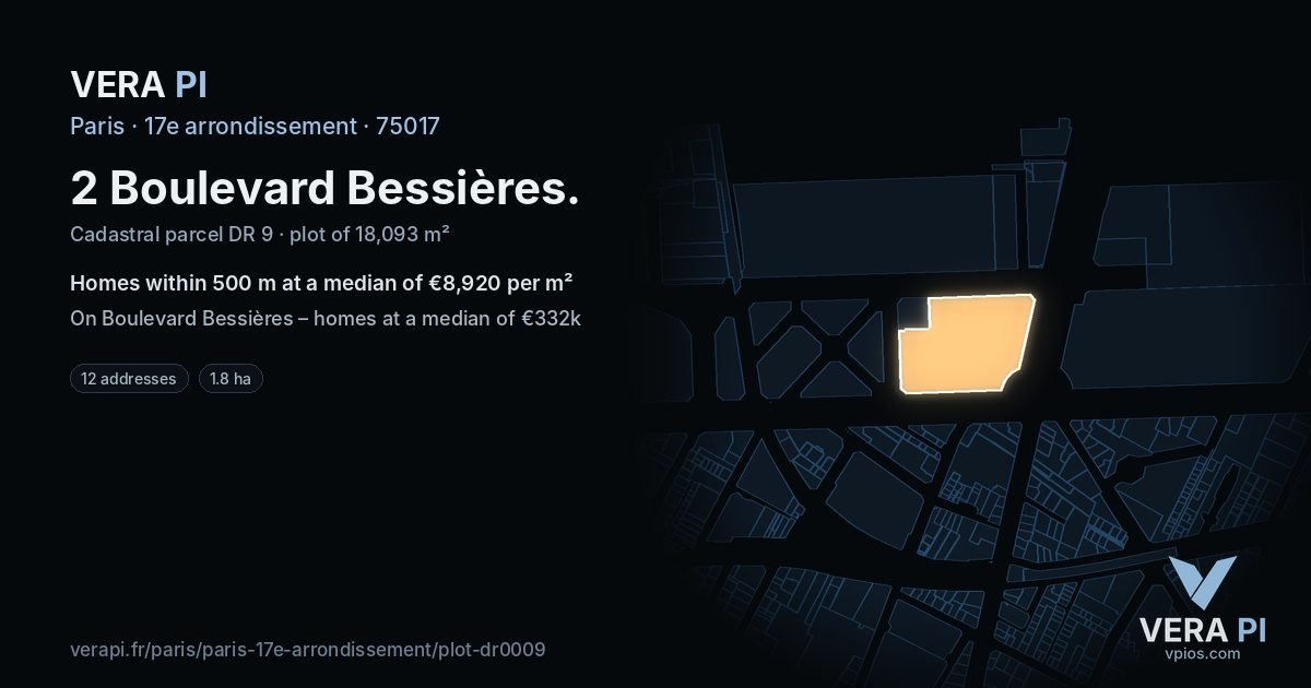 2 Boulevard Bessières, 17e arrondissement at night – the plot lit, the parcels around coloured by the prices near them