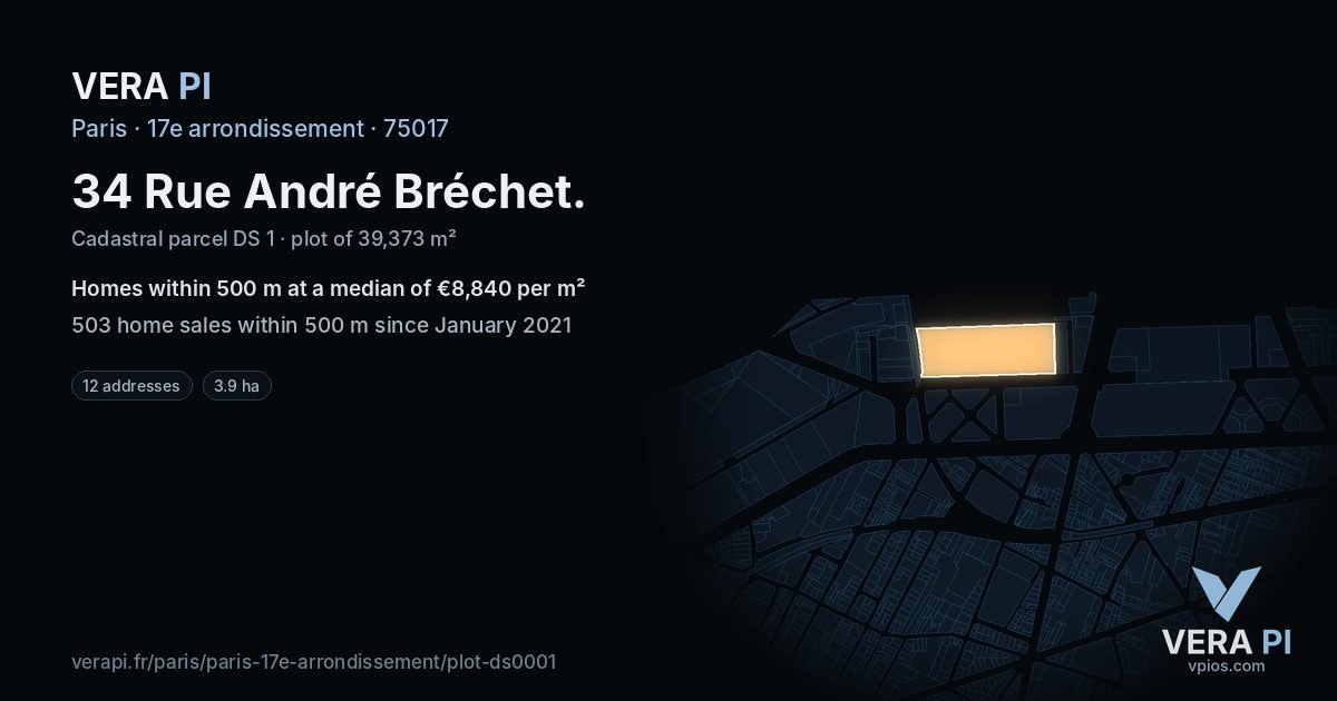 34 Rue André Bréchet, 17e arrondissement at night – the plot lit, the parcels around coloured by the prices near them