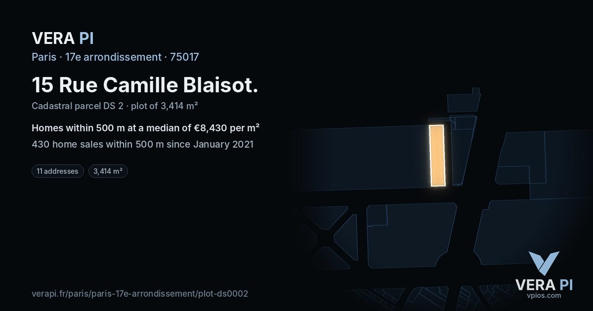 15 Rue Camille Blaisot, 17e arrondissement at night – the plot lit, the parcels around coloured by the prices near them