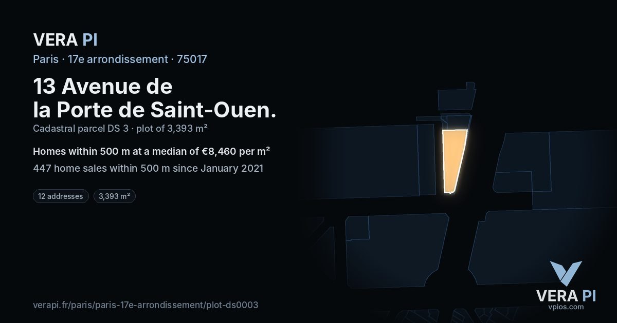 13 Avenue de la Porte de Saint-Ouen, 17e arrondissement at night – the plot lit, the parcels around coloured by the prices near them