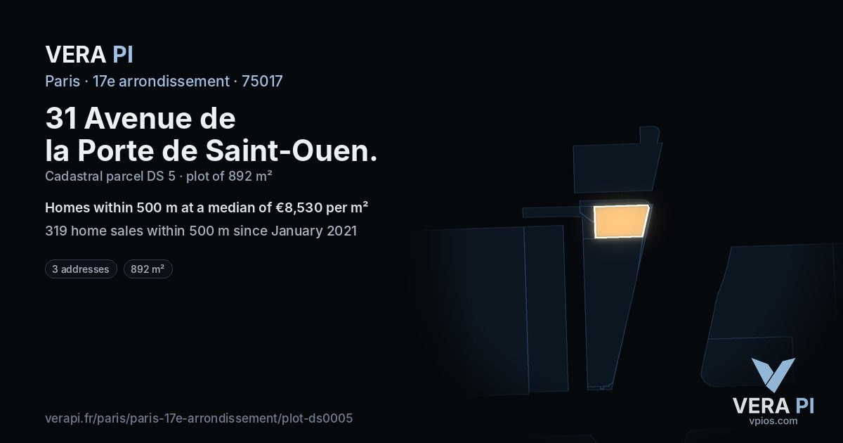 31 Avenue de la Porte de Saint-Ouen, 17e arrondissement at night – the plot lit, the parcels around coloured by the prices near them
