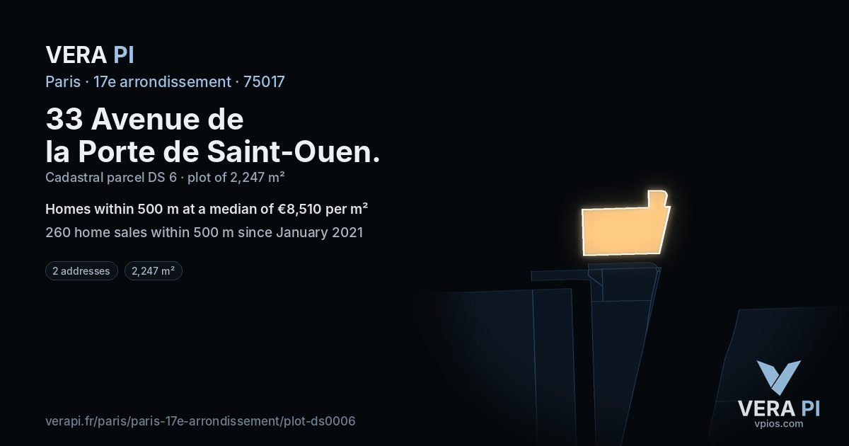 33 Avenue de la Porte de Saint-Ouen, 17e arrondissement at night – the plot lit, the parcels around coloured by the prices near them