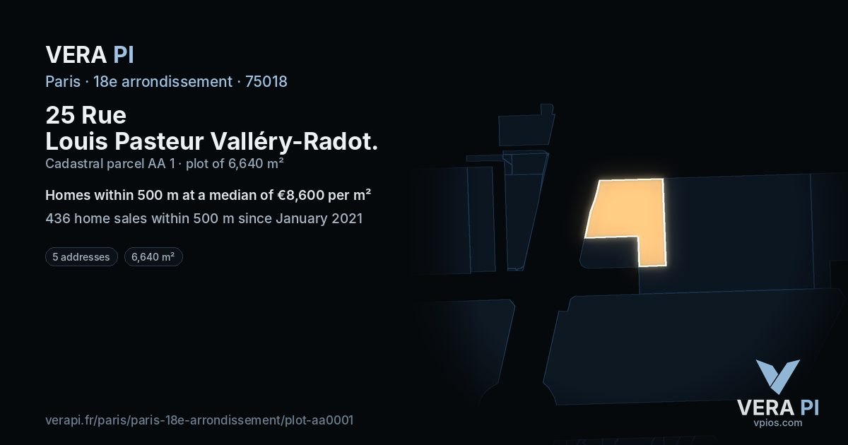 25 Rue Louis Pasteur Valléry-Radot, 18e arrondissement at night – the plot lit, the parcels around coloured by the prices near them