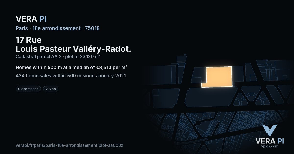 17 Rue Louis Pasteur Valléry-Radot, 18e arrondissement at night – the plot lit, the parcels around coloured by the prices near them