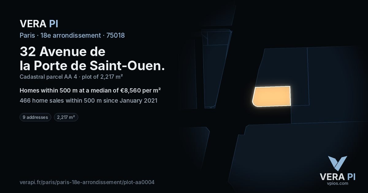 32 Avenue de la Porte de Saint-Ouen, 18e arrondissement at night – the plot lit, the parcels around coloured by the prices near them