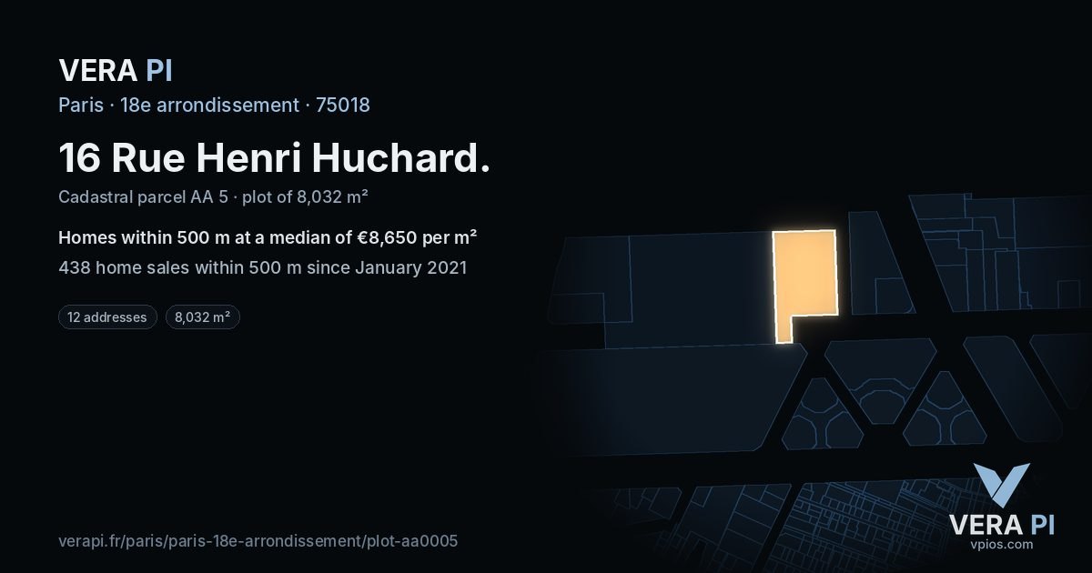 16 Rue Henri Huchard, 18e arrondissement at night – the plot lit, the parcels around coloured by the prices near them