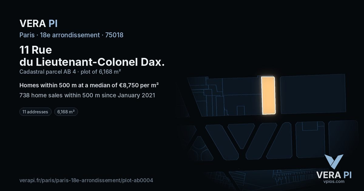 11 Rue du Lieutenant-Colonel Dax, 18e arrondissement at night – the plot lit, the parcels around coloured by the prices near them