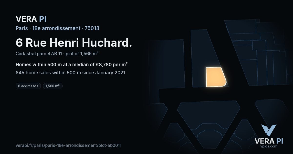 6 Rue Henri Huchard, 18e arrondissement at night – the plot lit, the parcels around coloured by the prices near them