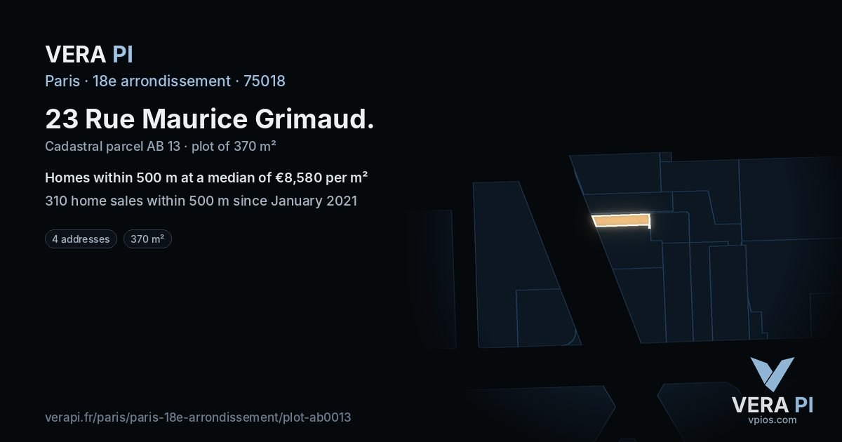 23 Rue Maurice Grimaud, 18e arrondissement at night – the plot lit, the parcels around coloured by the prices near them