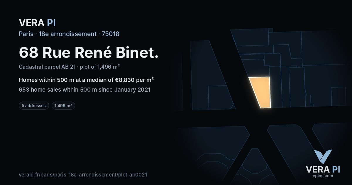 68 Rue René Binet, 18e arrondissement at night – the plot lit, the parcels around coloured by the prices near them