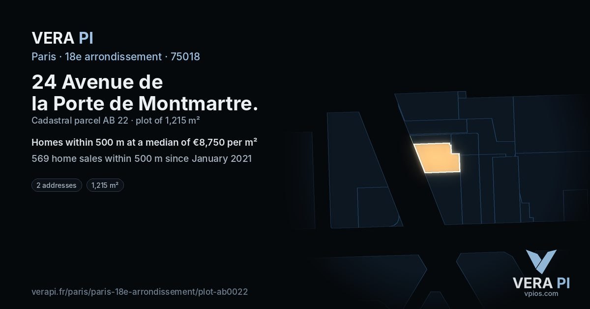 24 Avenue de la Porte de Montmartre, 18e arrondissement at night – the plot lit, the parcels around coloured by the prices near them