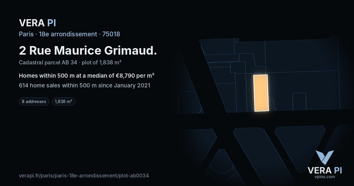 2 Rue Maurice Grimaud, 18e arrondissement at night – the plot lit, the parcels around coloured by the prices near them