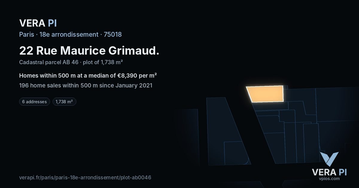 22 Rue Maurice Grimaud, 18e arrondissement at night – the plot lit, the parcels around coloured by the prices near them