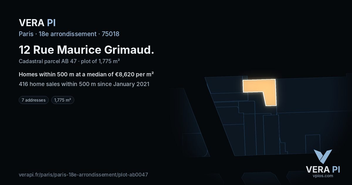 12 Rue Maurice Grimaud, 18e arrondissement at night – the plot lit, the parcels around coloured by the prices near them