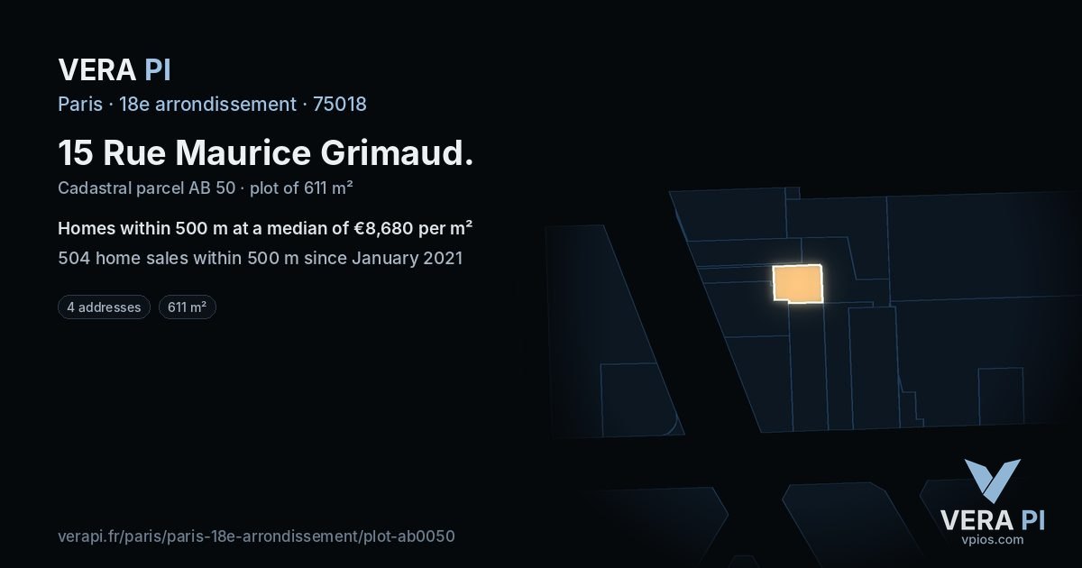 15 Rue Maurice Grimaud, 18e arrondissement at night – the plot lit, the parcels around coloured by the prices near them
