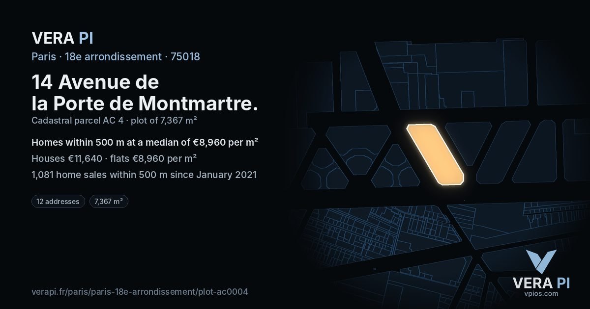 14 Avenue de la Porte de Montmartre, 18e arrondissement at night – the plot lit, the parcels around coloured by the prices near them