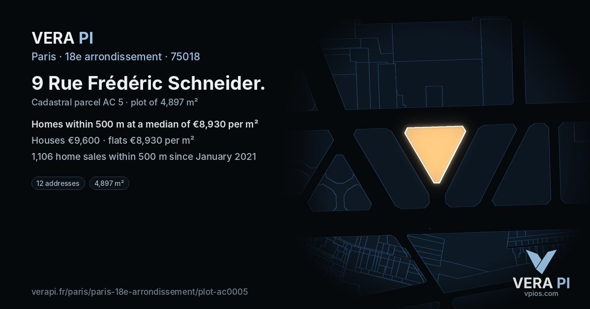 9 Rue Frédéric Schneider, 18e arrondissement at night – the plot lit, the parcels around coloured by the prices near them