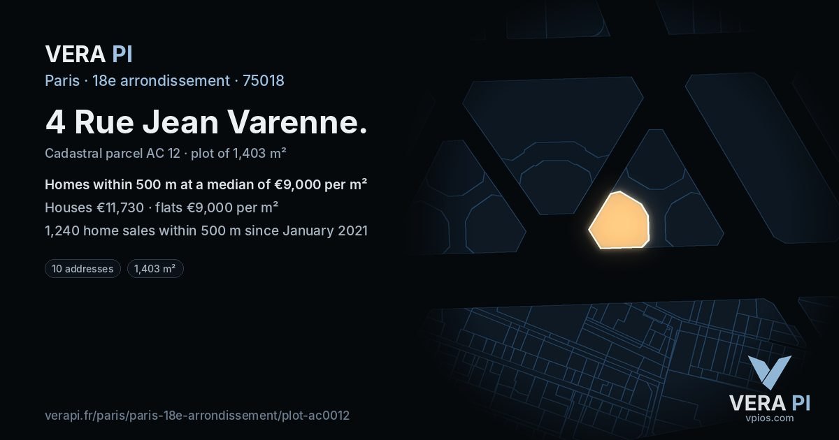 4 Rue Jean Varenne, 18e arrondissement at night – the plot lit, the parcels around coloured by the prices near them
