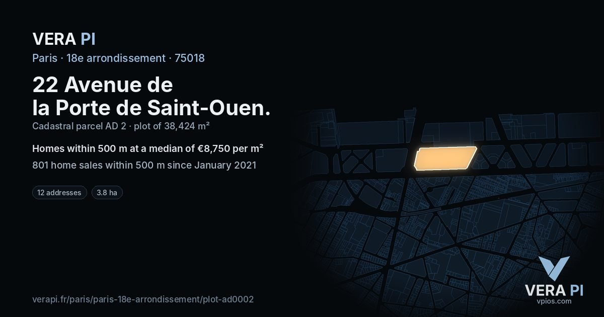 22 Avenue de la Porte de Saint-Ouen, 18e arrondissement at night – the plot lit, the parcels around coloured by the prices near them