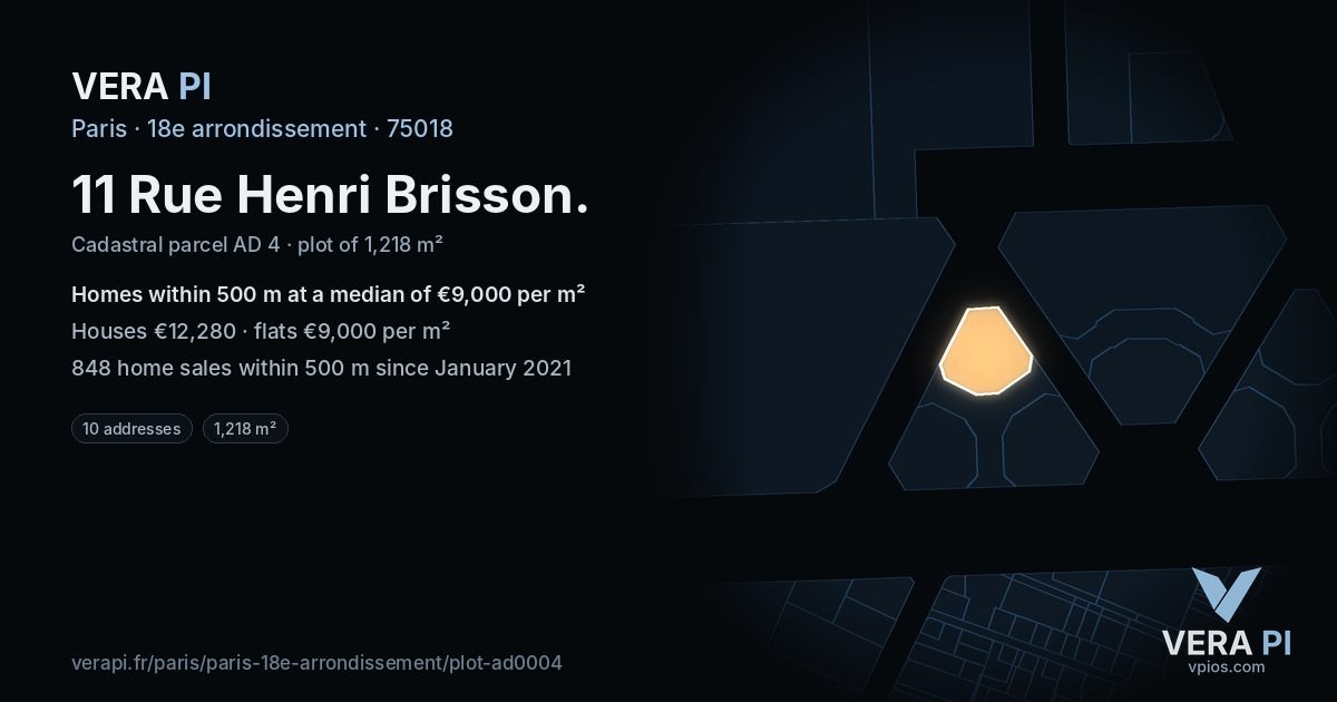 11 Rue Henri Brisson, 18e arrondissement at night – the plot lit, the parcels around coloured by the prices near them
