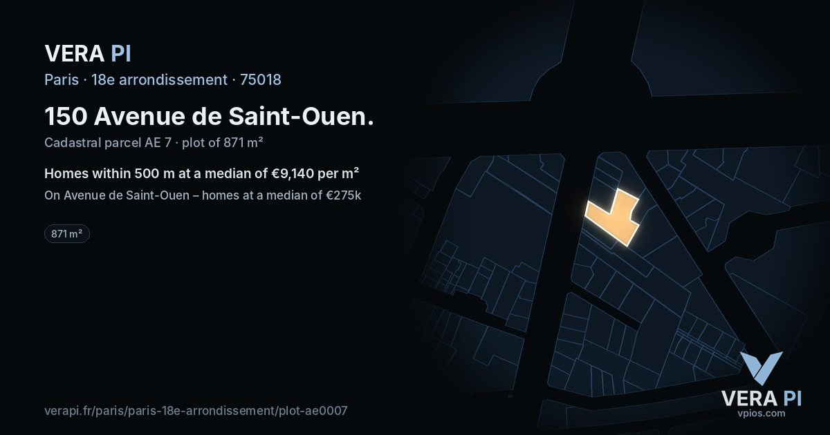 150 Avenue de Saint-Ouen, 18e arrondissement at night – the plot lit, the parcels around coloured by the prices near them