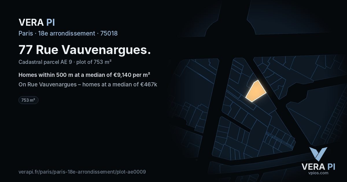 77 Rue Vauvenargues, 18e arrondissement at night – the plot lit, the parcels around coloured by the prices near them