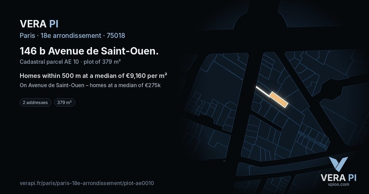146 b Avenue de Saint-Ouen, 18e arrondissement at night – the plot lit, the parcels around coloured by the prices near them